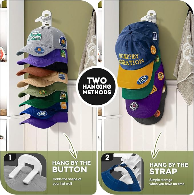 2 Pack Hat Organizer for Baseball Caps, Hat Rack for Wall Hold Up to 20 Hats, Hat Holder with Strong Adhesive and Screws, Hat
