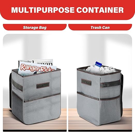 Simple Deluxe Car Trash Can, Multipurpose Bin with Lid and Storage Pockets, Collapsible Adjustable Straps and Portable Organizer, 2 Gallon, Grey