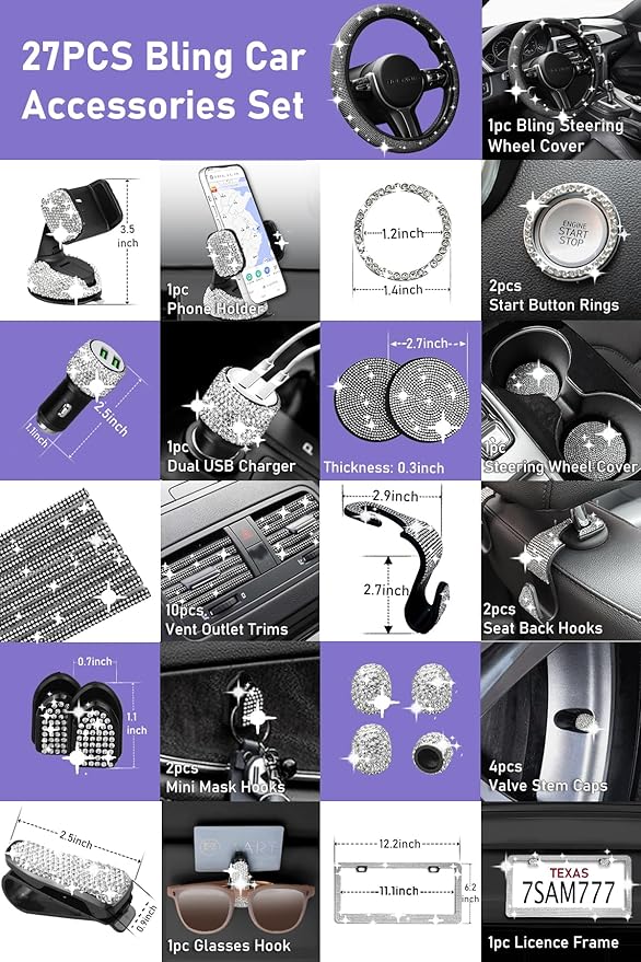 Belinous 27 PCs Bling Car Accessories for Women, Girl Car Accessories for Interior, Bling Steering Wheel Cover 14.5-15in, Bling License Plate Frame, Bling Phone Holder, Cup Coasters (Silver Diamond)