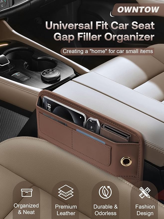 Universal Fit Premium Leather Car Seat Gap Filler Organizer, Center Console Organizer with Card Slots, Clever Gifts for Car SUV Truck Owners (Brown, 1 Pack)