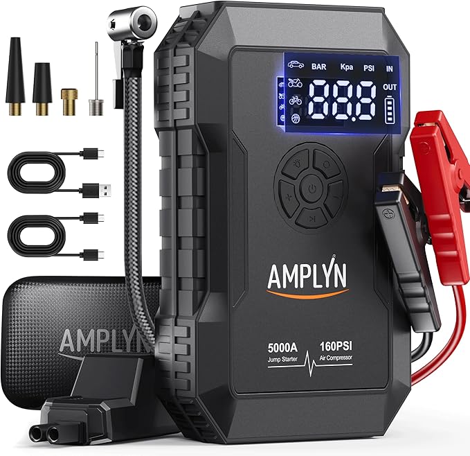 Car Battery Jump Starter with Air Compressor 160PSI,5000A 60W Portable Jump Starter Battery Pack (All Gas/10L Diesel),12V