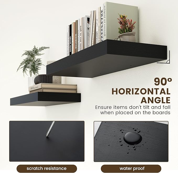 30 Inch Floating Shelves | 12 Inch Deep Black Floating Shelves Set of 2 | 30" W x 12" D Rustic Wood Shelves for Wall | Deep B