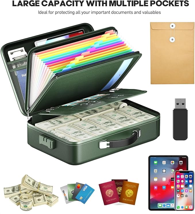 Fireproof Document Box, Hard Case Highly Flame-Resistant Fire Proof Waterproof File Organizer with Lock, Portable Fire Safe f