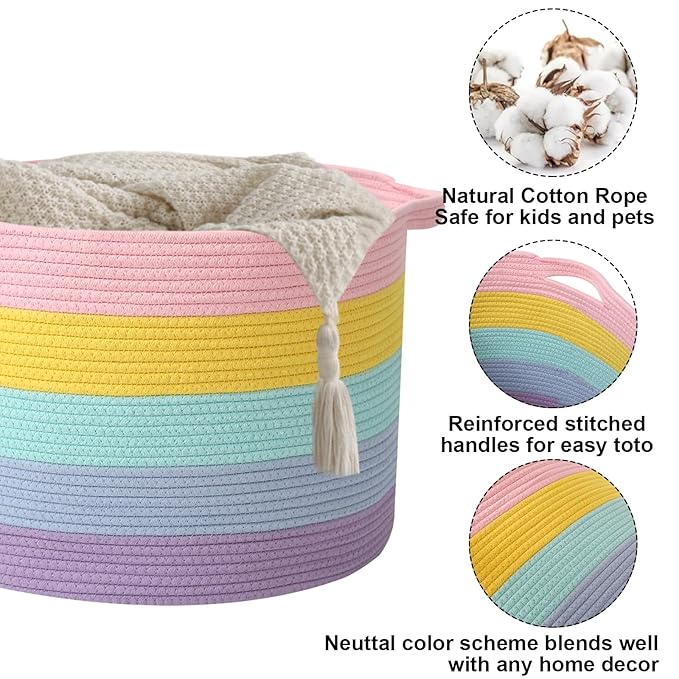 90L Large Blanket Basket,21.7"L x 21.7"W x 13.8"H Rope Woven Baskets with Handles, Toys Storage Bins,Laundry Basket Perfect f
