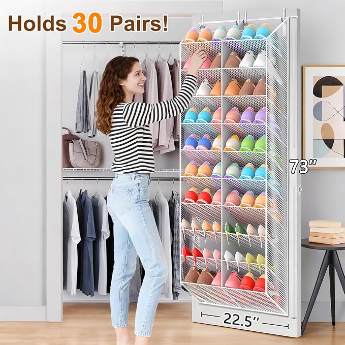 30 Pairs Over the Door Shoe Organizer, Breathable Mesh Pocket Hanging Shoe Storage for Closet, 10-Tier Door Shoes Rack, Handi