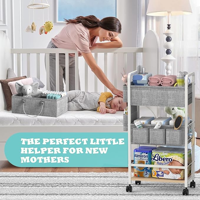 LIDTOP 2In1 Diaper Caddy & 4-Tier Rolling Diaper Cart, Diaper Caddy Organizer Cart with Dividers & Drawer, Mobile Metal Bedsi