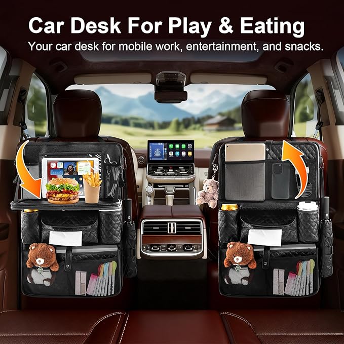 Car Backseat Organizers 2-Pack with Foldable Tray - PU Leather Back Seat Car Organizers with 11 Storage Pockets, Tablet Holders, Kick Mats Protectors for Kids Family Travel Essentials (Black)