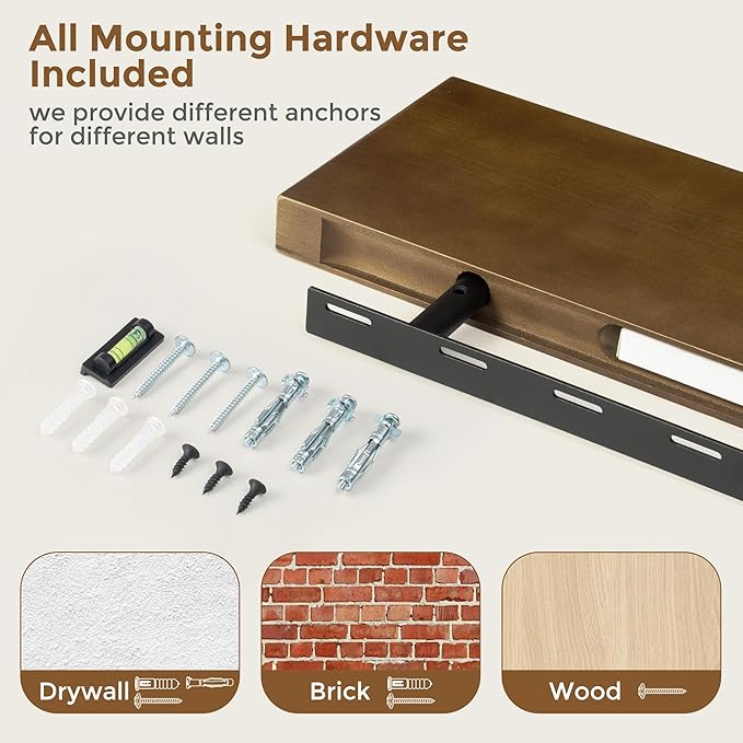 Marsmiles Wood Floating Shelves | Rustic Dark Wood Wall Shelves Set of 2 | 16" W x 7.7" D x 1.6" H Dark Wooden Shelves for Ba