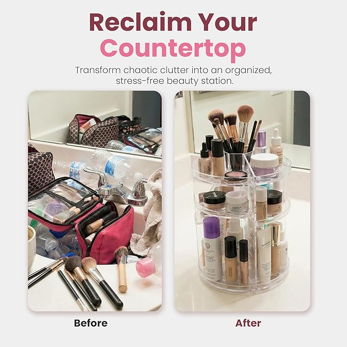 Masirs 360 Rotating Makeup Organizer Countertop - Adjustable Shelf Height - The Perfect Round Spinning Cosmetic Organizer for