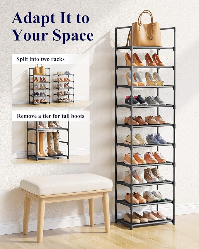 Kitsure Shoe Rack - 10-Tier Shoe Organizer with Detachable Fabric Shelves & Metal Frame, Tall Shoe Rack for Closet, Entryway,