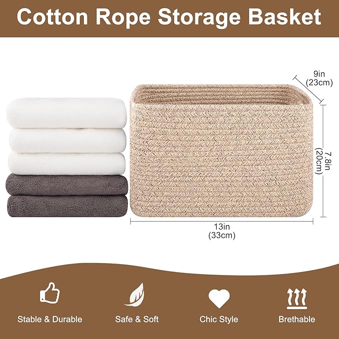 OIASKET Storage Baskets for Organizing, Woven Decorative Baskets for Shelves - Books, Towels, and Clothes, Cotton Rope Toy St