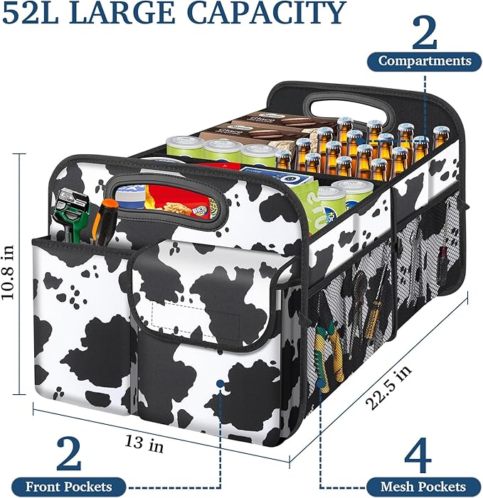 Femuar Car Trunk Organizer, Cow Print, Vintage Style, 52L Capacity, 4 Compartments, Waterproof, Non-Slip, Collapsible, 22.5D x
