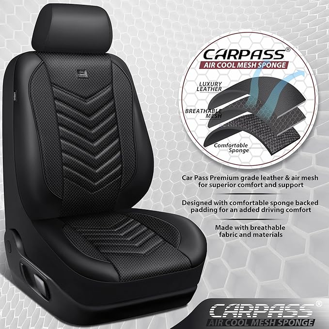 CAR PASS 3D Foam Mesh Leather Car Seat Covers Front Seats, Breathable Two Front Seat Cover for Cars, Comfortable Universal Fi