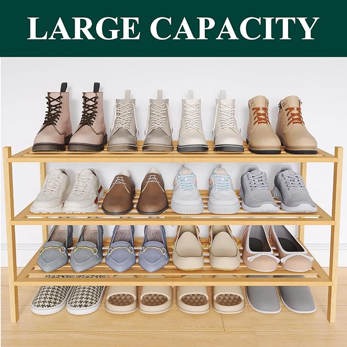 Smiry Long Bamboo Shoe Rack 3-Tier, Stackable Wooden Shoe Organizer for Entryway & Closet, Free Standing Wood Shoe Storage Sh