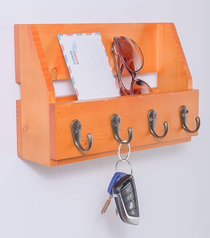 Flintar Wall Mounted Key and Mail Holder with 4 Hooks. Made of Solid Wood. Use as Key Rack, Entryway or Mudroom Organizer, Ma