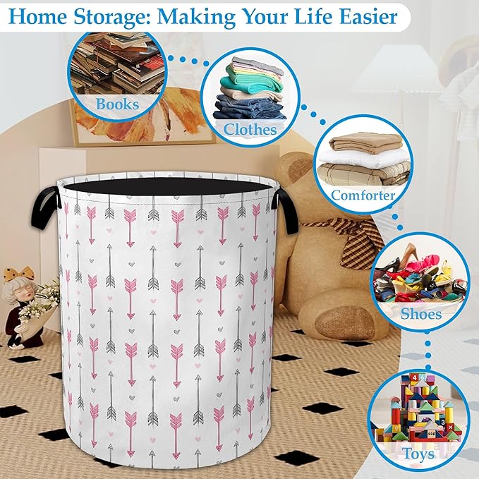 Pink Arrow Laundry Basket Collapsible Laundry Hamper with Handle, Oxford Clothes Toy Storage Bin for Bathroom Bedroom Room De