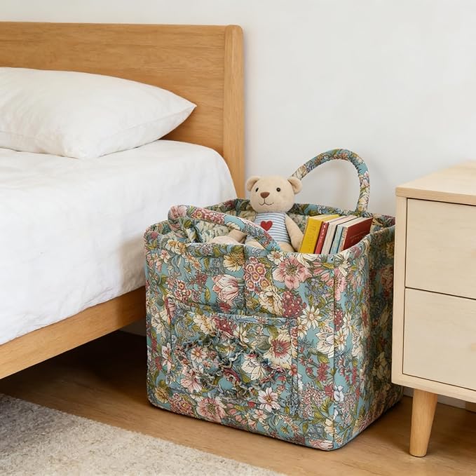 Quilted Laundry Basket with Handles - Multi-Purpose Fabric Storage Basket，Boho Fabric Storage Baskets with Handles for Car, H