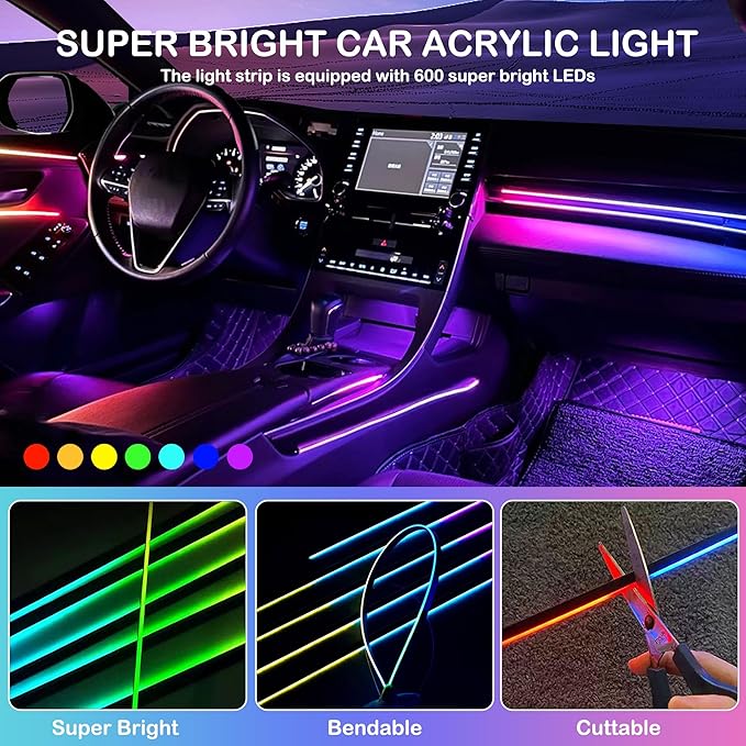 Interior Car LED Strip Lights, RGB 6 in 1 Dynamic Dreamcolor Chasing Acrylic LED Lights for Car, USB Powered Ambient Lighting Kits with Wireless APP, Sound Active Function Car Neon Lights (6 in 1)