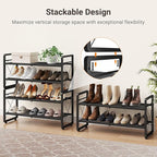 ELYKEN Shoe Rack, 4-Tier Expandable Shoe Organizer for Entryway, Metal Black Shoe Shelf with 4 Hooks, Adjustable Shoe Stand H