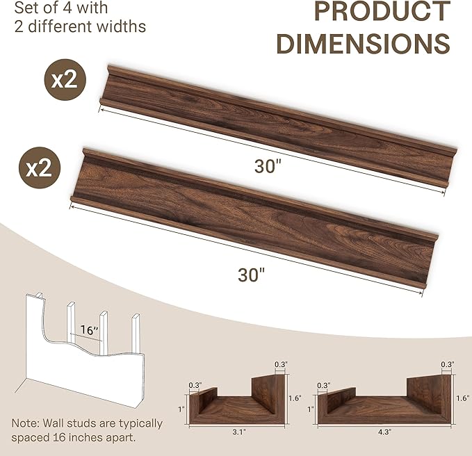 Fun Memories Picture Ledge Shelf - 30 Inches Floating Shelves Set of 4 - Floating Shelves with Lip for Storage - Wood Bookshe