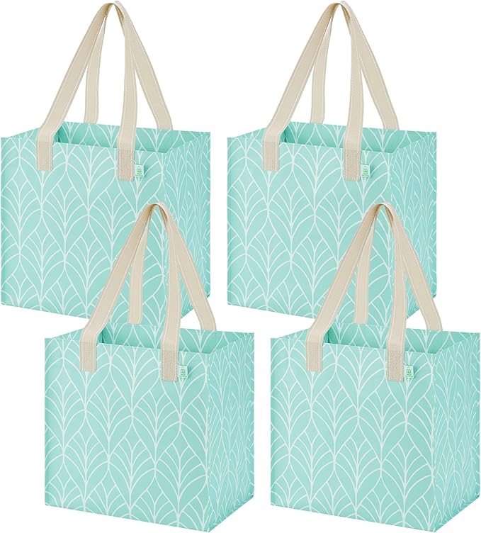 VENO 4 Pack Reusable Grocery Shopping Bags, Heavy-Duty Tote Bags with Handles, for Shopping Cart with Hard Bottom to Stand Upright, Foldable (Evergreen, 4 Pack)