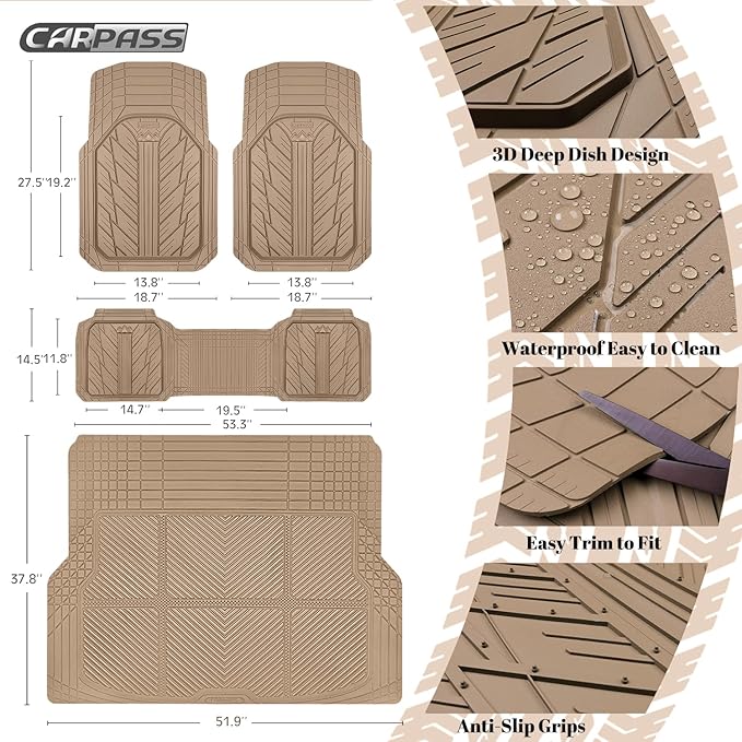 CAR PASS Floor Mats for Cars M-L Size, Heavy Duty Rubber Floor Mats with Trunk Cargo Liner, Universal Trim-to Fit Automotive Floor mats for Truck Van SUV Waterproof All Weather Car Mats All Beige