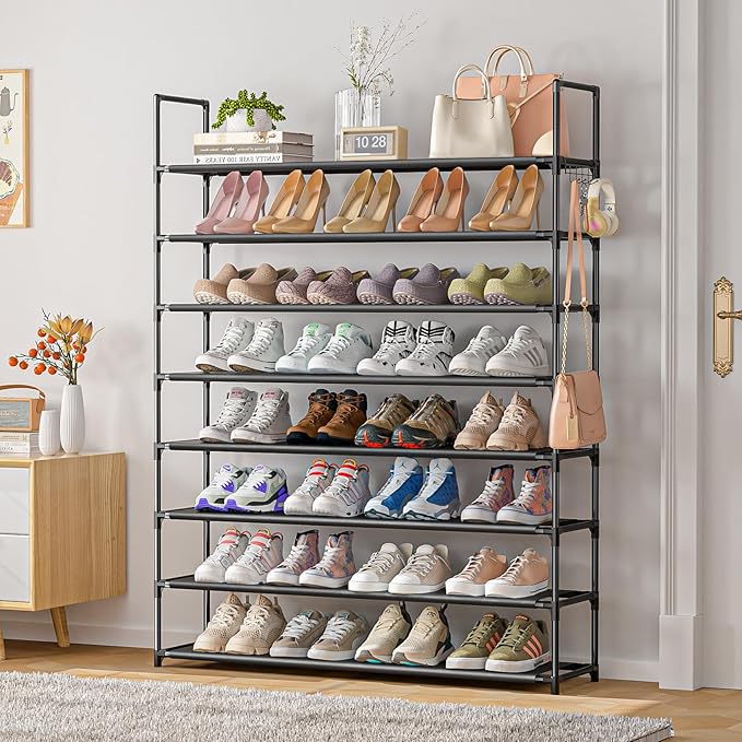 OYREL 8 Tier Shoe Organizer, 33.3in Wide x 11.2in Deep x 55.7in Tall, Black Metal and Plastic Shoe Rack, Holds up to 32-40 Pa