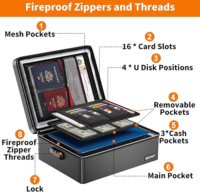 ENGPOW Fireproof Document Box, Hard Case File Box with Fireproof Zipper＆Lock, 6400°F Heat Insulated Fire and Water Resistant 