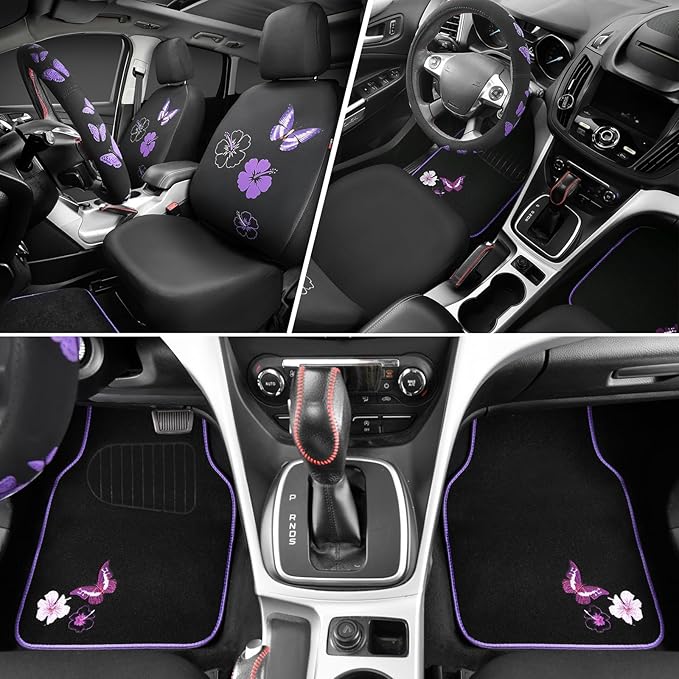 CAR PASS Universal Cloth Butterfly Car Seat Covers Full Set, Embroidered Flower Waterproof Car Floor Mats Carpet, Butterflies