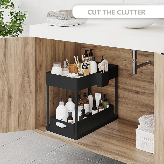 Under Sink Organizers and Storage, Bathroom Cabinet Organizer, Sink Shelf with Utility Hooks and Side Caddy for Under Cabinet