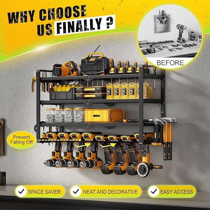 Power Tool Organizer Wall Mount - 400Lbs Load 4 Layers Storage Rack with 8 Drill Holders for Drills Cordless Tools. Heavy Dut