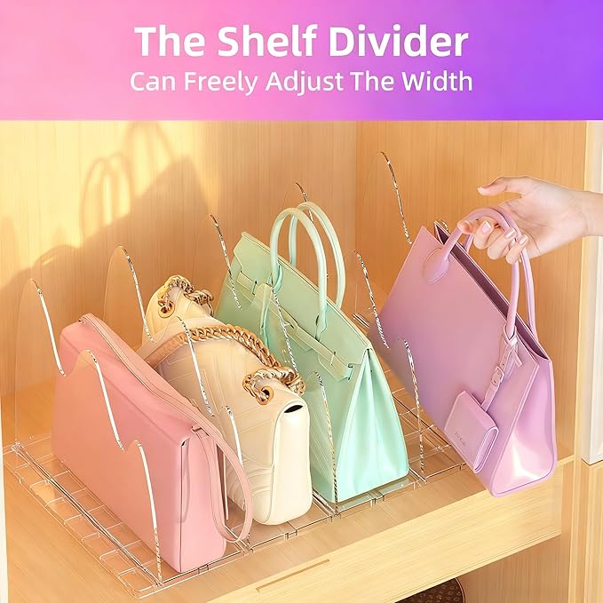 ANTOWIN 2 Pack Clear Purse Organizers for Closet, Adjustable Shelf Divider, Handbag Separators Storage Organizer, Shelf Divid