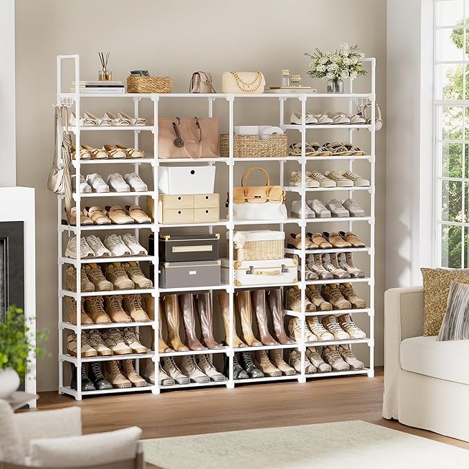 WOWLIVE 4 Row 10 Tiers Extra Large Shoe Rack Big Tall Metal Shoe Shelf, Heavy Duty Organizer for Closet Entryway, Boot Rack S