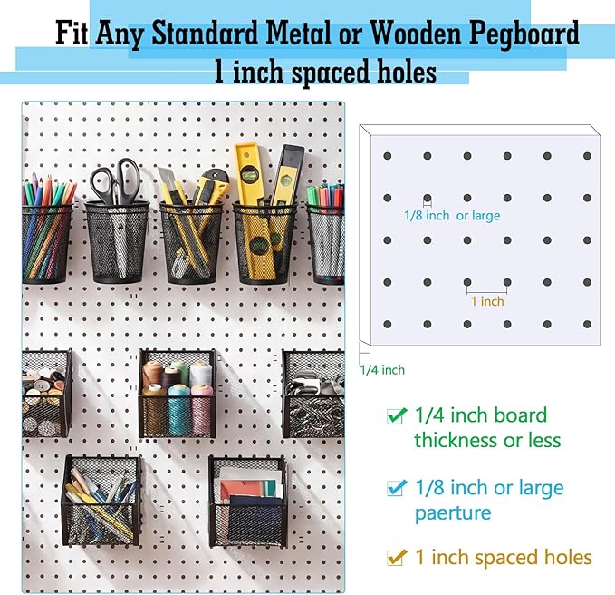 6 Set Pegboard Accessories Wall Organizer Peg Board Baskets and Cups Black Metal Pegboard Baskets and Wire Mesh Cup with Ring