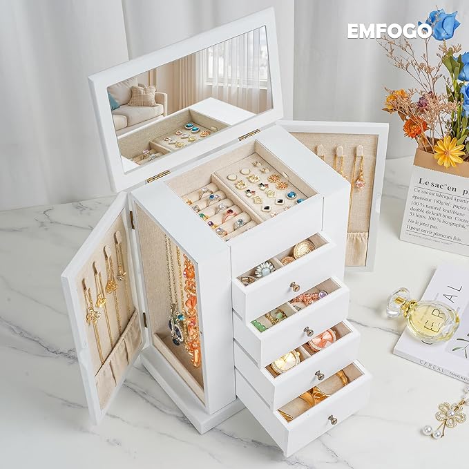 Emfogo Jewelry Box for Women, 5 Layer Large Wood Jewelry Boxes & Organizers for Necklaces Earrings Rings Bracelets, Rustic Je