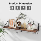 Floating Shelves for Wall, 36W x 8D Wide Bookshelf with Brackets Set of 3, Wood Wall Mounted Shelves for Living Room, Kitchen