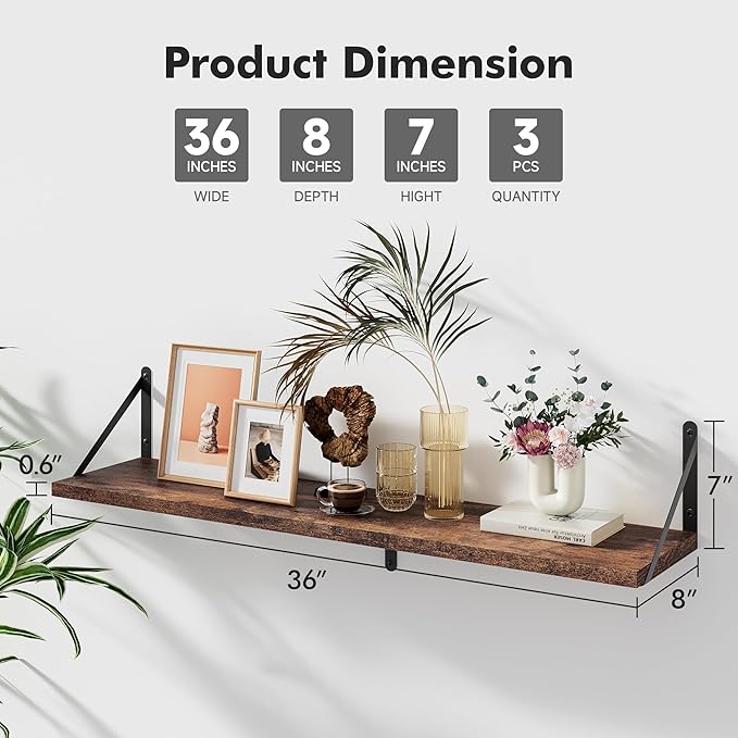 Floating Shelves for Wall, 36W x 8D Wide Bookshelf with Brackets Set of 3, Wood Wall Mounted Shelves for Living Room, Kitchen