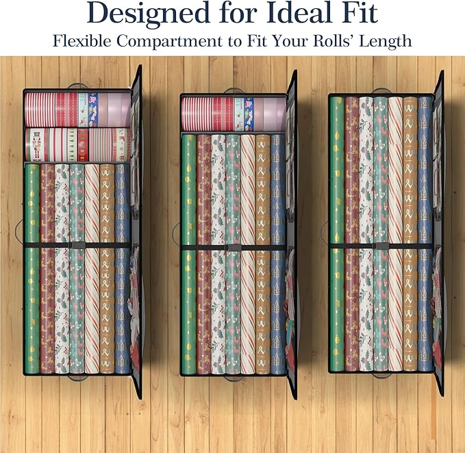 GoMaihe Wrapping Paper Storage with Wheels Fits 41" Gift Wrap Papers Storage for Ribbon Accessories with Pockets Dividers Bla