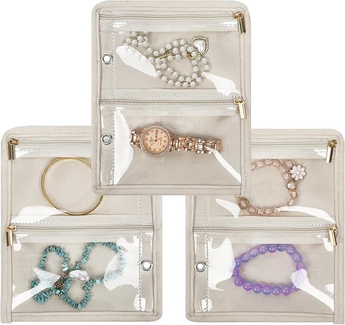 Travel Jewelry Organizer Case,Small Jewelry Bags for Traveling, Jewelry Binder with 24 Pcs Clear Zipper Velvet Pouches (Inner