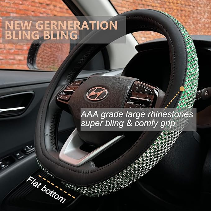 PINCTROT D Shaped Bling Comfy Steering Wheel Cover with Jumbo Crystal Rhinestones, Anti-Slip Diamond Leather, Flat Bottom 14.5-15 Inch (Vivid Green)