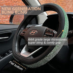 PINCTROT D Shaped Bling Comfy Steering Wheel Cover with Jumbo Crystal Rhinestones, Anti-Slip Diamond Leather, Flat Bottom 14.5-15 Inch (Vivid Green)