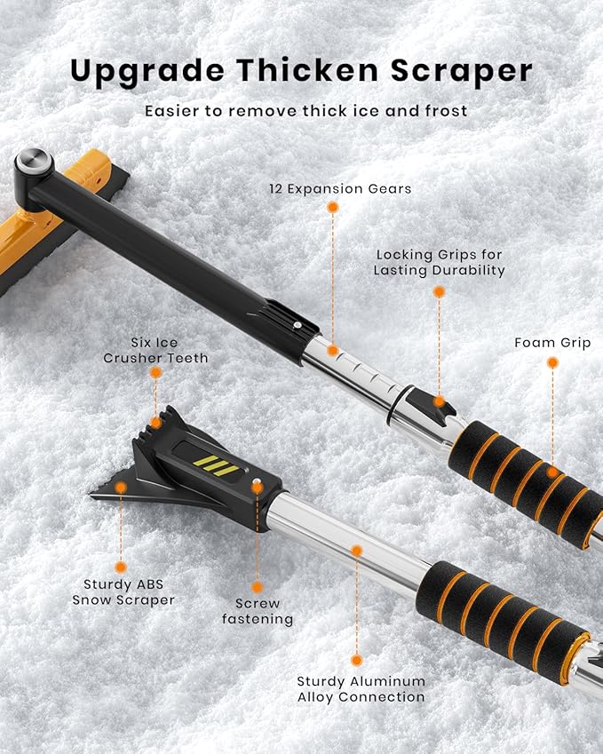 helloleiboo 43.7" Extendable Ice Scrapers for Car Windshield for 12 Adjustable Length Settings with Foam Grip and 360° Pivoting Brush Head Detachable Snow Brush for Truck SUV(Orange)