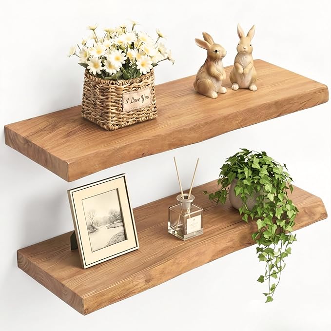 PERFNIQUE 24 Inch Floating Shelves Set of 2, Solid Elm Wood Rustic Live Edge Wall Decor Shelves - Invisible Bracket Mount for