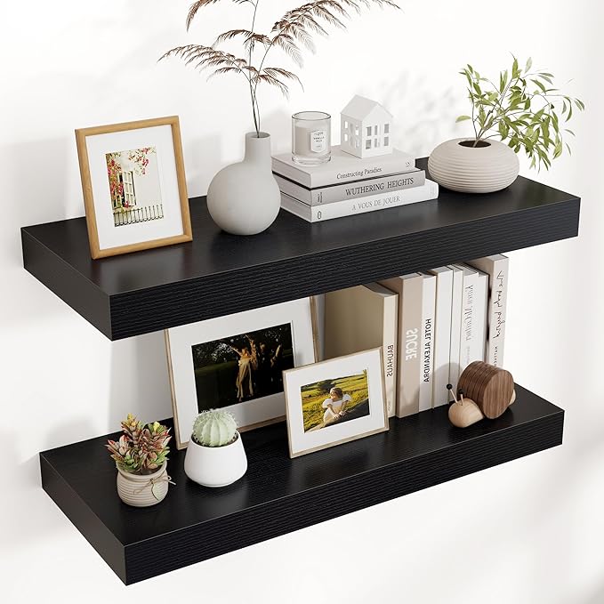 Floating Shelves for Wall, 30" W x 12" D x 2" H, 2 Pack of Long Wall Mounted Engineered Wood Shelves with Invisible Brackets 