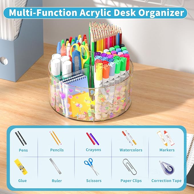 Acrylic Pen Holder with 2 Adhesive DIY Stickers, Desk Organizer Marker Holder with Cute Sticker, 360 Degree Office Supply Org