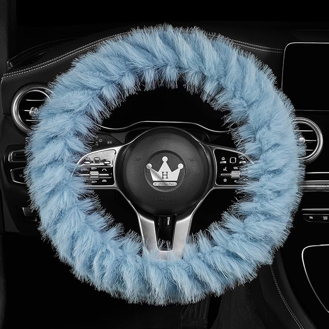 Fuzzy Winter Steering Wheel Covers for Women, Warm Cute Fluffy Car Wheel Cover for F150, Trucks, Jeep, Van, Soft Furry Auto Plush Large Car Handle Cover for Cold Weather, 15.2-16in, Blue