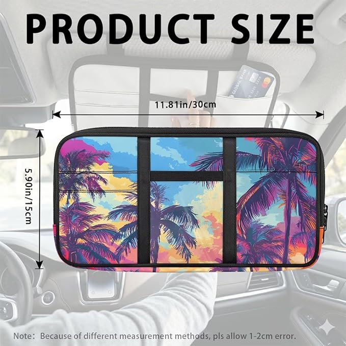 Coconut Tree Tactical Sun Visor Organizer,Scratch-Resistant Auto Sunshade Organizer Bag with Double Zippers Truck SUV Storage Pouch Holder