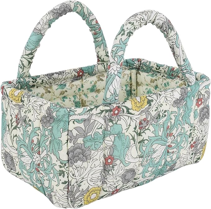 Small Storage Basket Organizer, Mini Fabric Floral Storage Baskets with Handle, Quilted Portable Collapsible Storage (F)