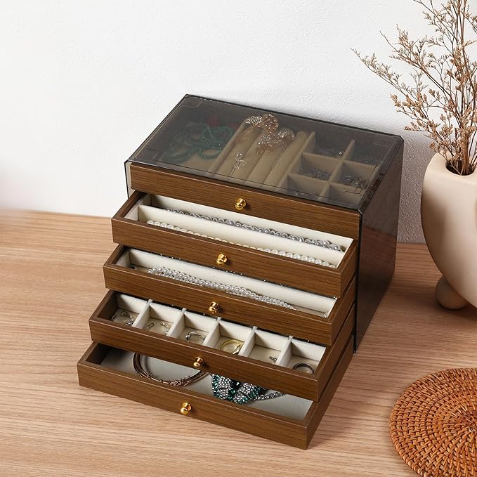 CLUQMEIK 5 Layer Large Wooden Jewelry Box with Acrylic Lid and Wooden Drawers, Stackable Jewelry Organizers and Storage Box f