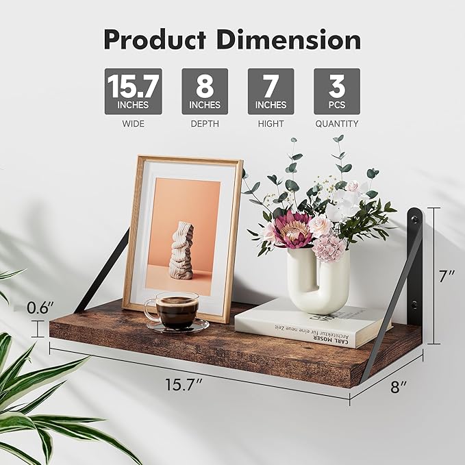 Floating Shelves for Wall, 15.7W x 8D Wide Bookshelf with Brackets Set of 3, Wood Wall Mounted Shelves for Living Room, Kitch
